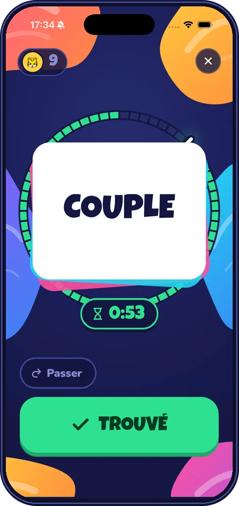 Écran de jeu : le mot COUPLE, chrono à 53 secondes, boutons Passer et Trouvé